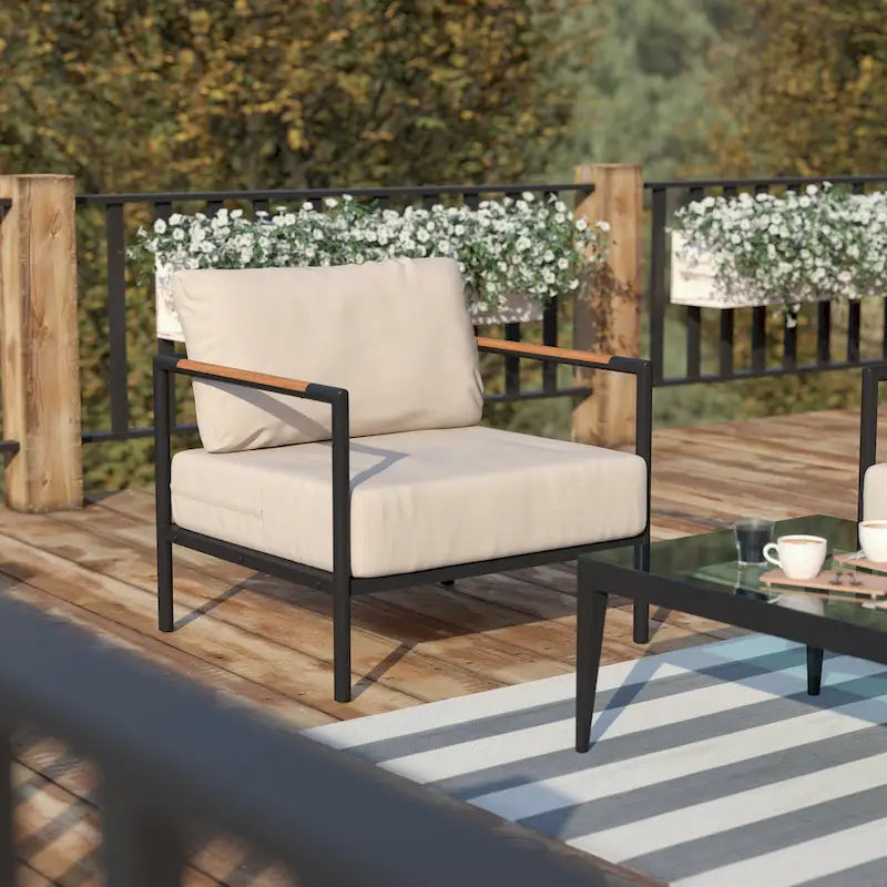 Aluminum Frame Patio Chair with Teak Arm Accents and Plush Cushions - 32.5 W x 29.5 D x 24.5 H