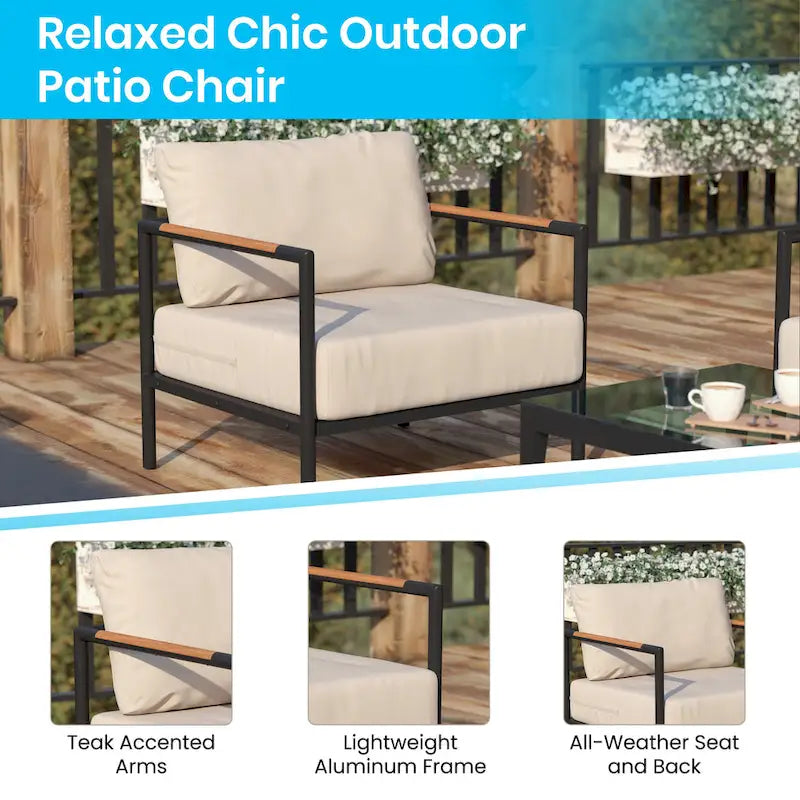 Aluminum Frame Patio Chair with Teak Arm Accents and Plush Cushions - 32.5 W x 29.5 D x 24.5 H