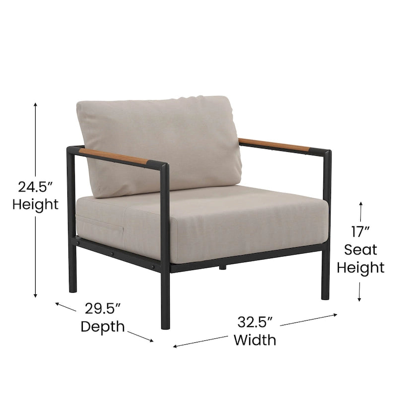 Aluminum Frame Patio Chair with Teak Arm Accents and Plush Cushions - 32.5 W x 29.5 D x 24.5 H