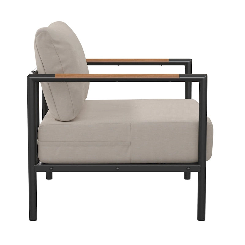 Aluminum Frame Patio Chair with Teak Arm Accents and Plush Cushions - 32.5 W x 29.5 D x 24.5 H