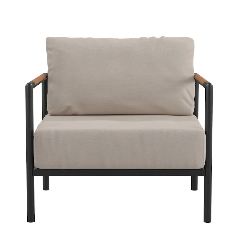 Aluminum Frame Patio Chair with Teak Arm Accents and Plush Cushions - 32.5 W x 29.5 D x 24.5 H