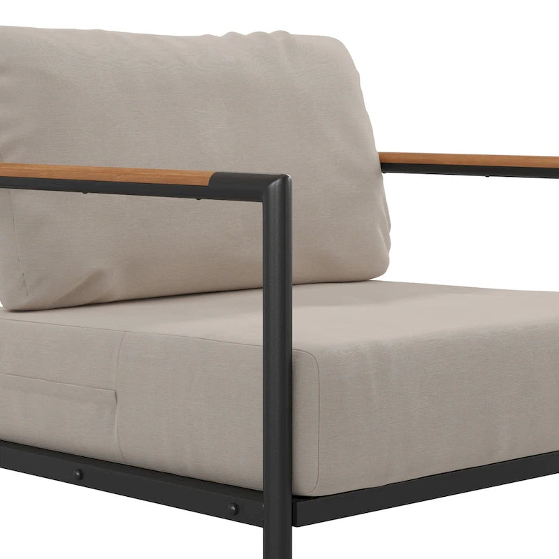 Aluminum Frame Patio Chair with Teak Arm Accents and Plush Cushions - 32.5 W x 29.5 D x 24.5 H