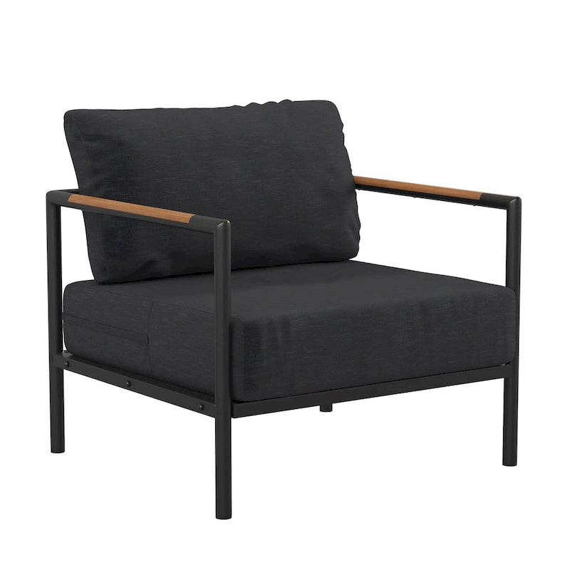 Aluminum Frame Patio Chair with Teak Arm Accents and Plush Cushions - 32.5 W x 29.5 D x 24.5 H
