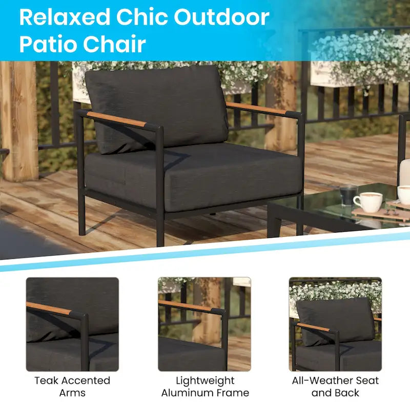Aluminum Frame Patio Chair with Teak Arm Accents and Plush Cushions - 32.5 W x 29.5 D x 24.5 H