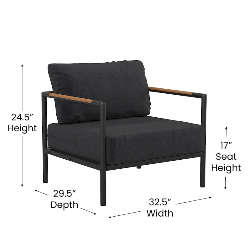 Aluminum Frame Patio Chair with Teak Arm Accents and Plush Cushions - 32.5 W x 29.5 D x 24.5 H