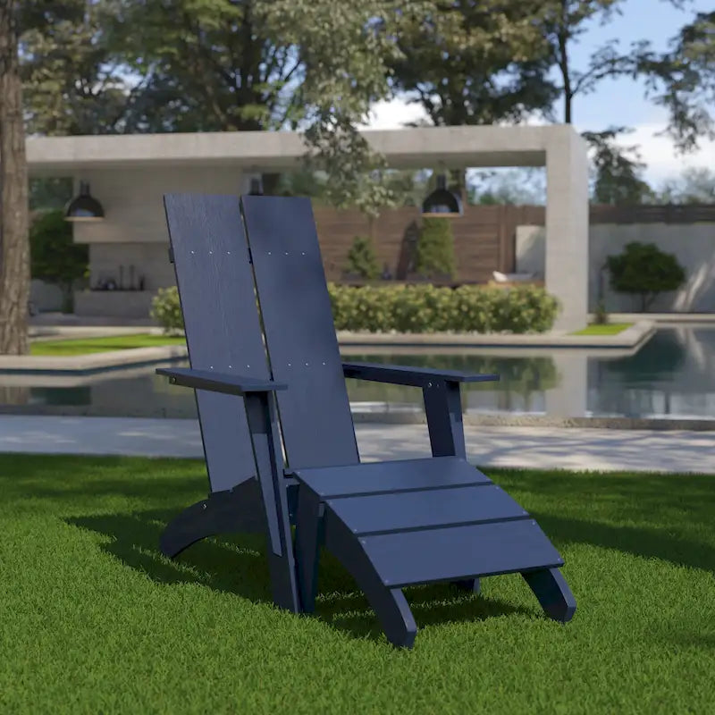 Indoor/Outdoor Modern 2-Slat Adirondack Style Chair and Footrest in Gray