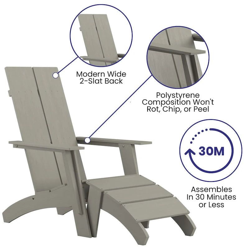 Indoor/Outdoor Modern 2-Slat Adirondack Style Chair and Footrest in Gray