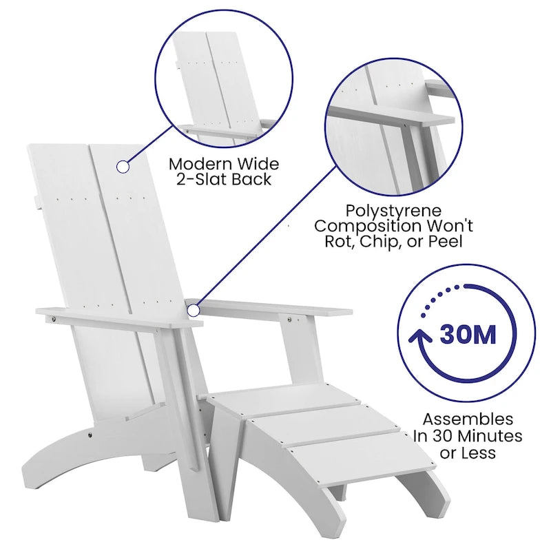 Indoor/Outdoor Modern 2-Slat Adirondack Style Chair and Footrest in Gray
