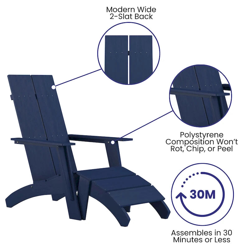 Indoor/Outdoor Modern 2-Slat Adirondack Style Chair and Footrest in Gray