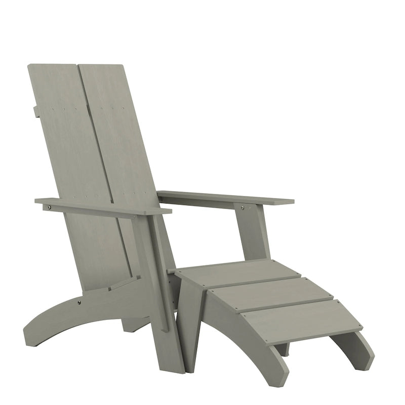 Indoor/Outdoor Modern 2-Slat Adirondack Style Chair and Footrest in Gray