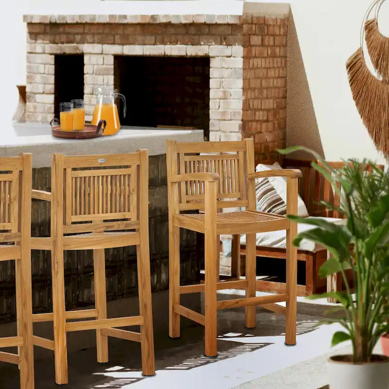 Chic Teak Maldives Teak Wood Indoor/ Outdoor Barstool Chair With Arms