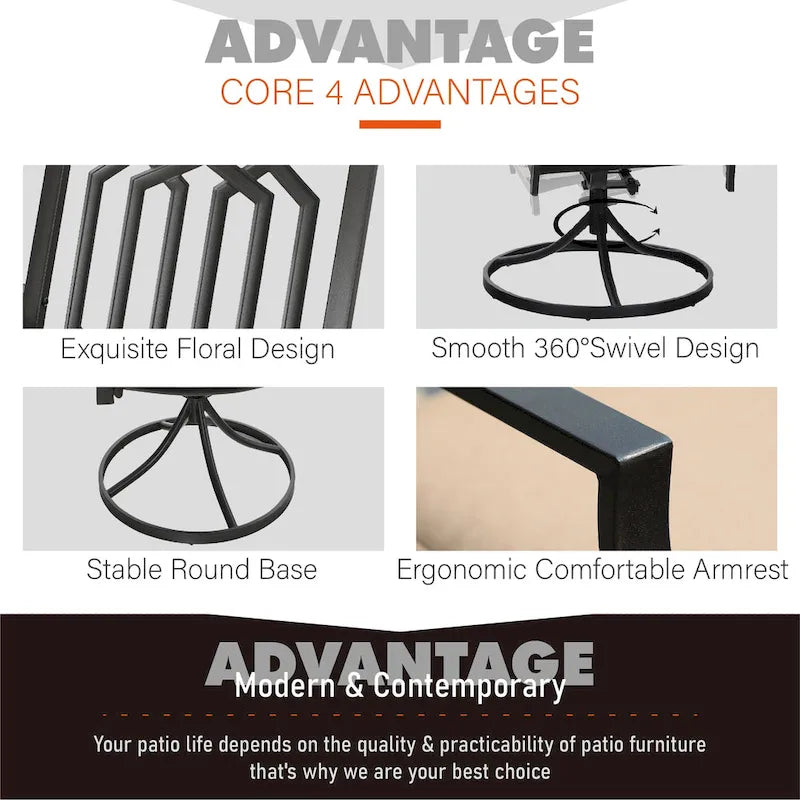 MAISON ARTS 3-Pcs Outdoor Dining Set,1 Steel Swivel Dining Chair with Cushion and 1 Black Small Metal Square Coffee Table