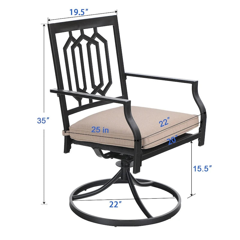 MAISON ARTS 3-Pcs Outdoor Dining Set,1 Steel Swivel Dining Chair with Cushion and 1 Black Small Metal Square Coffee Table