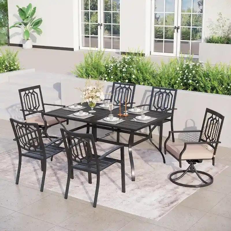 MAISON ARTS 7-Pcs Outdoor Dining Set Steel Combo Dining Chairs with Cushion and 6-Person Umbrella Table
