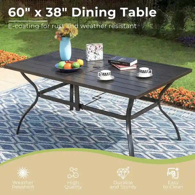 MAISON ARTS 7-Pcs Outdoor Dining Set Steel Combo Dining Chairs with Cushion and 6-Person Umbrella Table