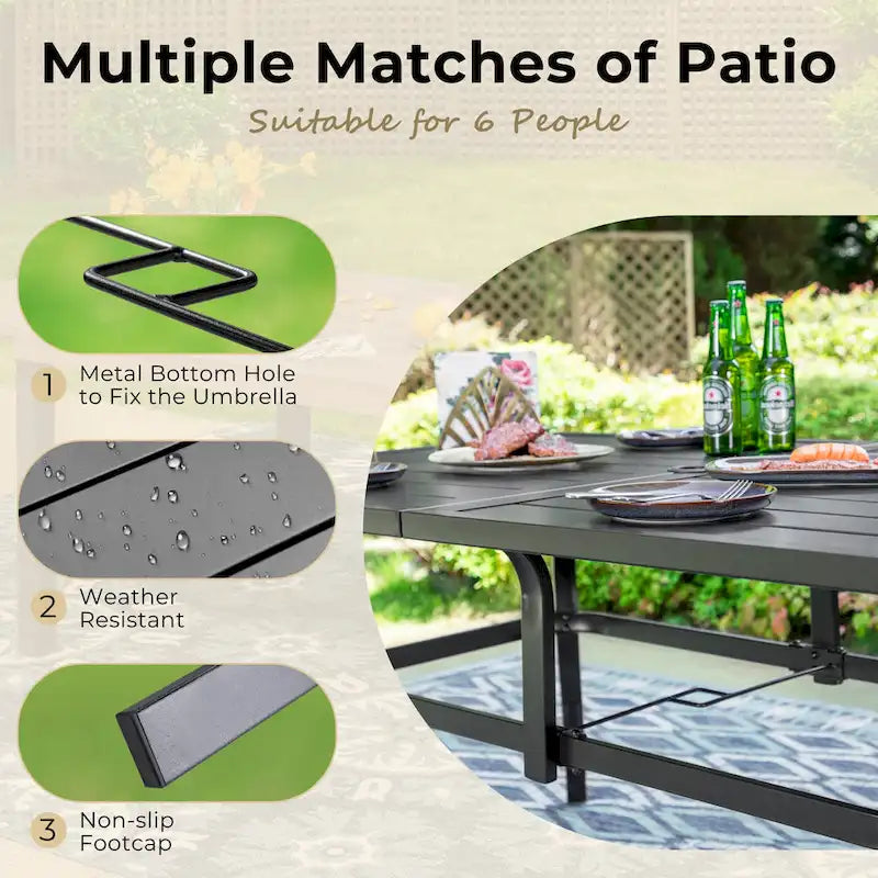 MAISON ARTS 7-Pcs Outdoor Dining Set Steel Combo Dining Chairs with Cushion and 6-Person Umbrella Table