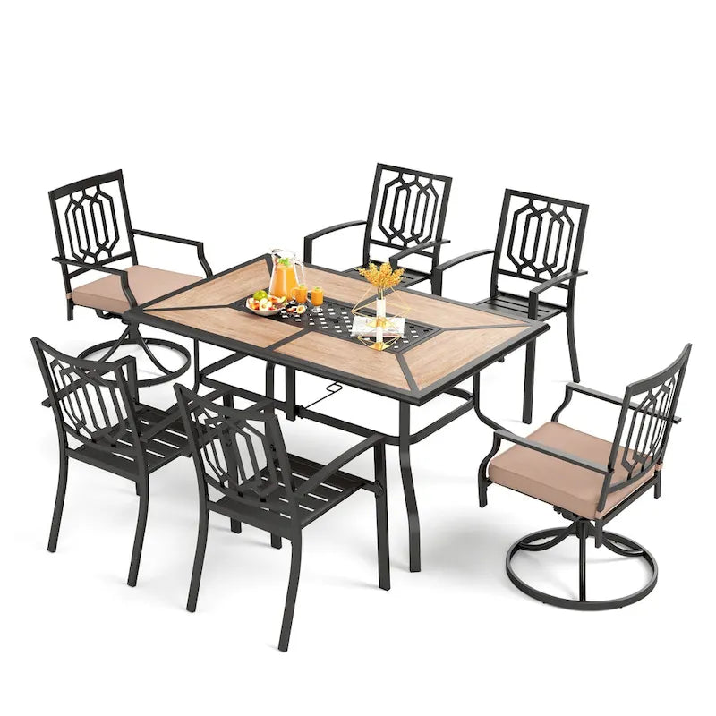 MAISON ARTS 7PCS Patio Dining Set, Large Rectangular Wood Like Top Table with 4 Metal Chairs and 2 Swivel Chairs