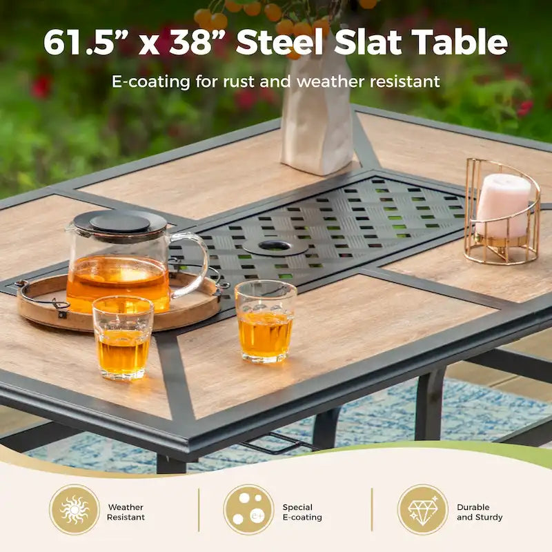 MAISON ARTS 7PCS Patio Dining Set, Large Rectangular Wood Like Top Table with 4 Metal Chairs and 2 Swivel Chairs