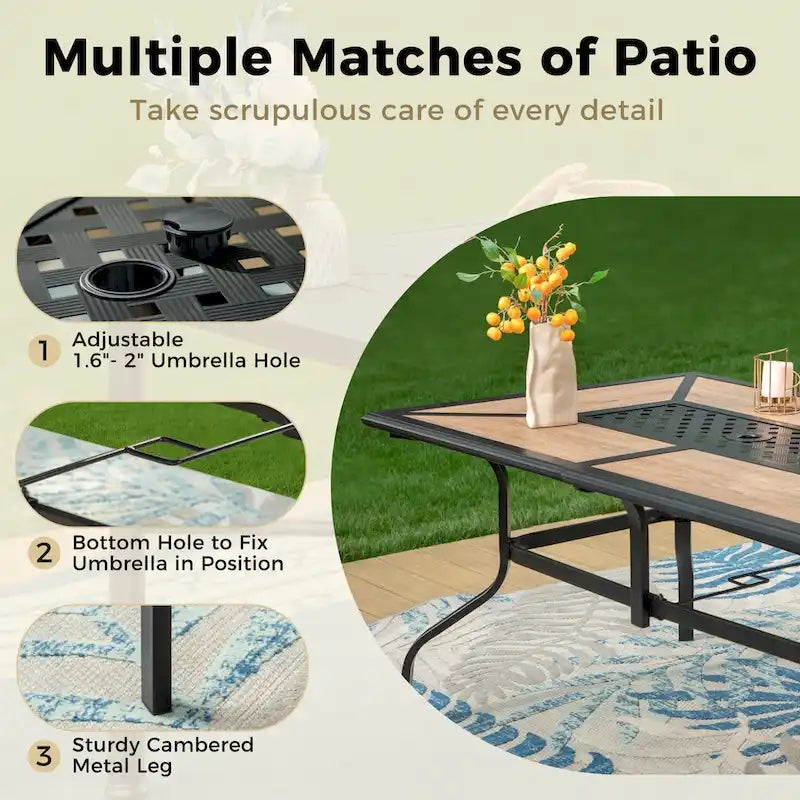MAISON ARTS 7PCS Patio Dining Set, Large Rectangular Wood Like Top Table with 4 Metal Chairs and 2 Swivel Chairs