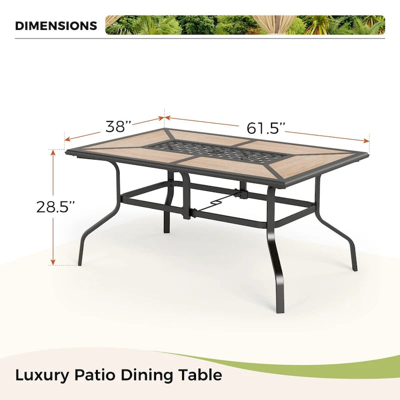 MAISON ARTS 7PCS Patio Dining Set, Large Rectangular Wood Like Top Table with 4 Metal Chairs and 2 Swivel Chairs