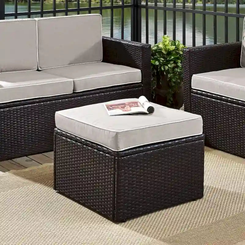 Palm Harbour Wicker Ottoman in Brown with Gray Cushions