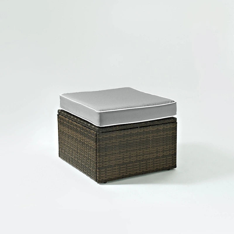 Palm Harbour Wicker Ottoman in Brown with Gray Cushions
