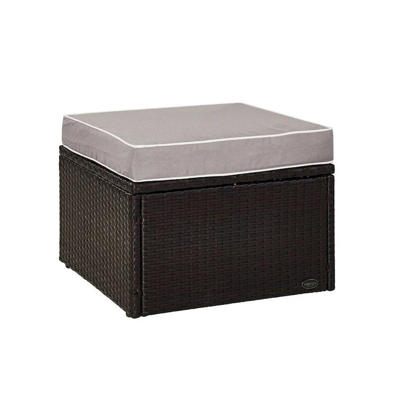Palm Harbour Wicker Ottoman in Brown with Gray Cushions