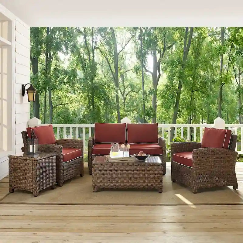 Crosley Bradenton 5-piece Outdoor Wicker Conversation Set with Sangria Cushions - 131.5  W x 93.75  D x 32.5  H
