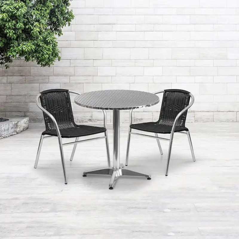 27.5  Round Aluminum Indoor-Outdoor Table Set with 2 Rattan Chairs - 27.5 W x 27.5 D x 27.5 H - 27.5 W x 27.5 D x 27.5 H
