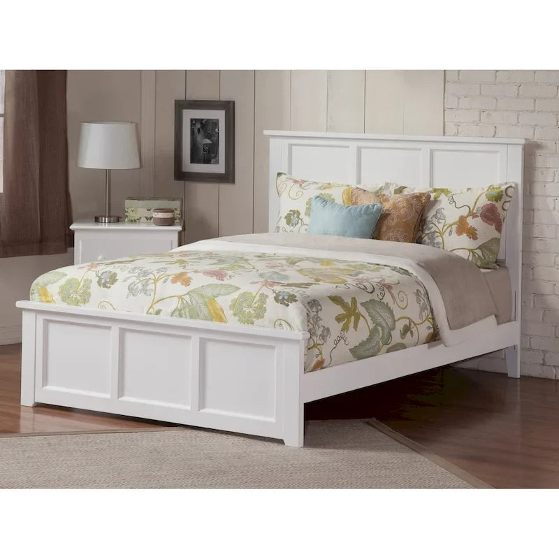 Solid Wood Foundation Bed Frame with Matching Footboard & USB Charging – White, Queen, Sleeps 2