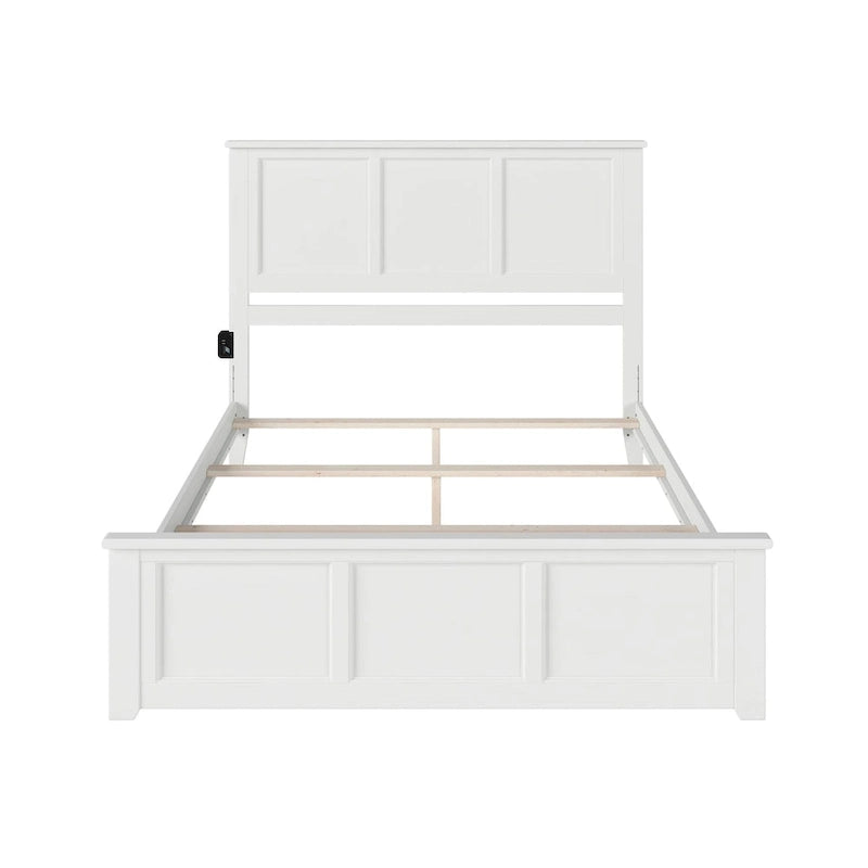 Solid Wood Foundation Bed Frame with Matching Footboard & USB Charging – White, Queen, Sleeps 2