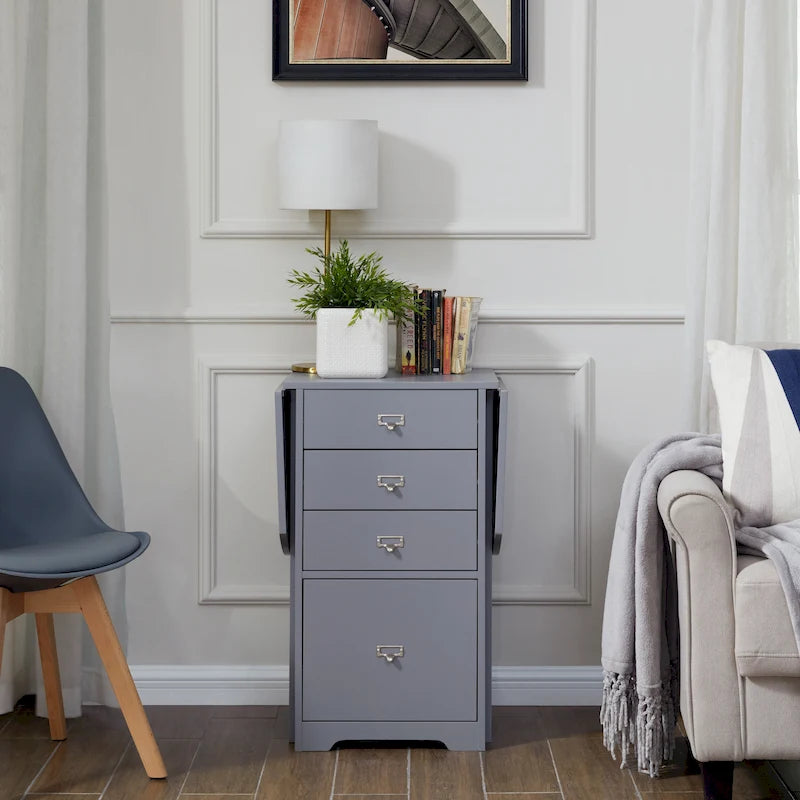 Drop-Leaf Fold-Out Desk with 4 Drawers – White / Gray / Black / Turquoise