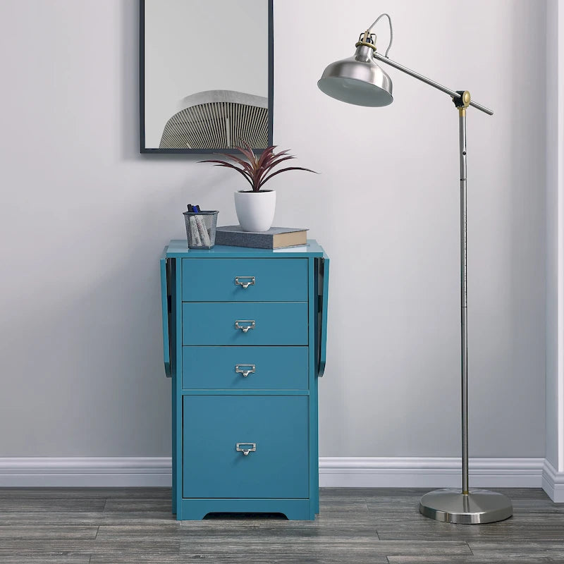 Drop-Leaf Fold-Out Desk with 4 Drawers – White / Gray / Black / Turquoise