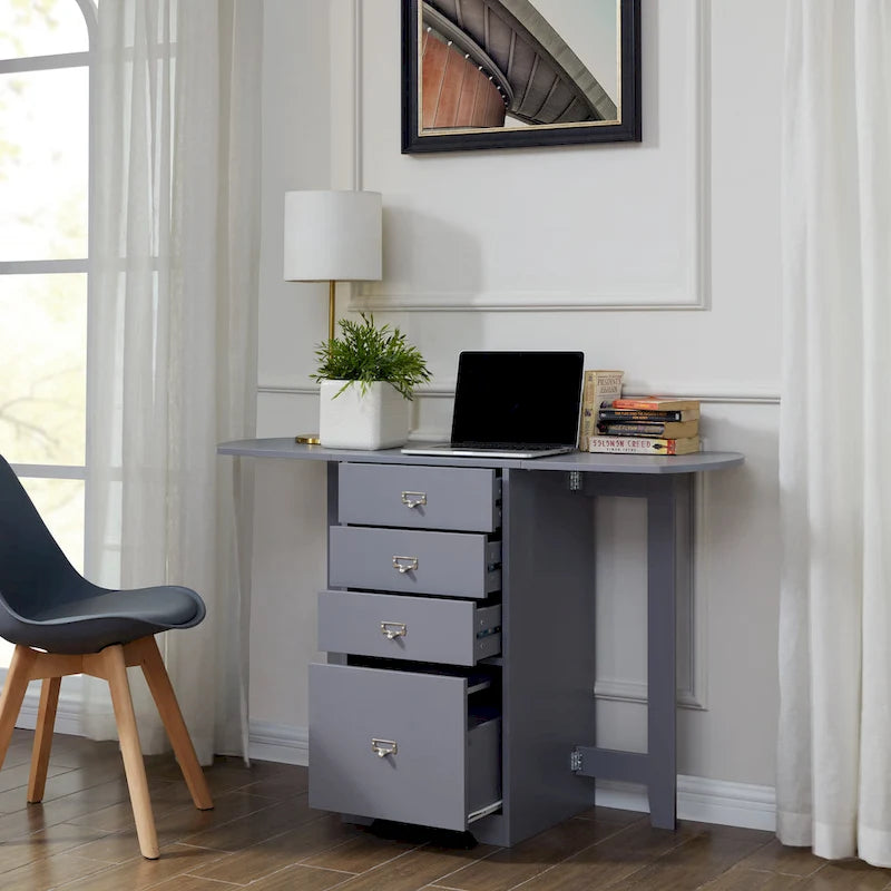 Drop-Leaf Fold-Out Desk with 4 Drawers – White / Gray / Black / Turquoise
