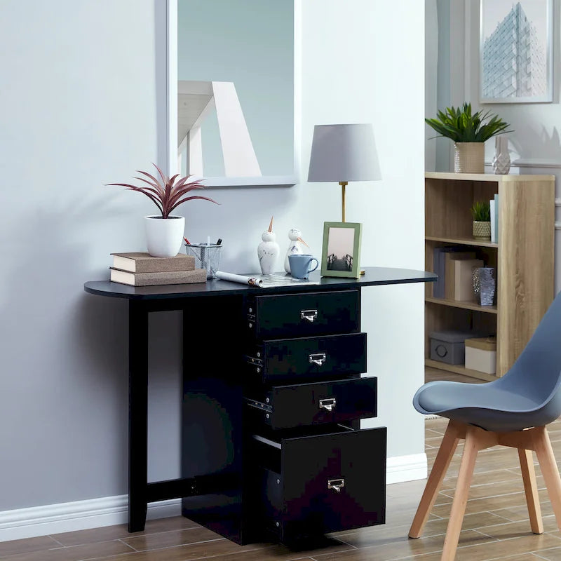 Drop-Leaf Fold-Out Desk with 4 Drawers – White / Gray / Black / Turquoise