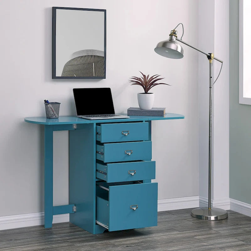 Drop-Leaf Fold-Out Desk with 4 Drawers – White / Gray / Black / Turquoise