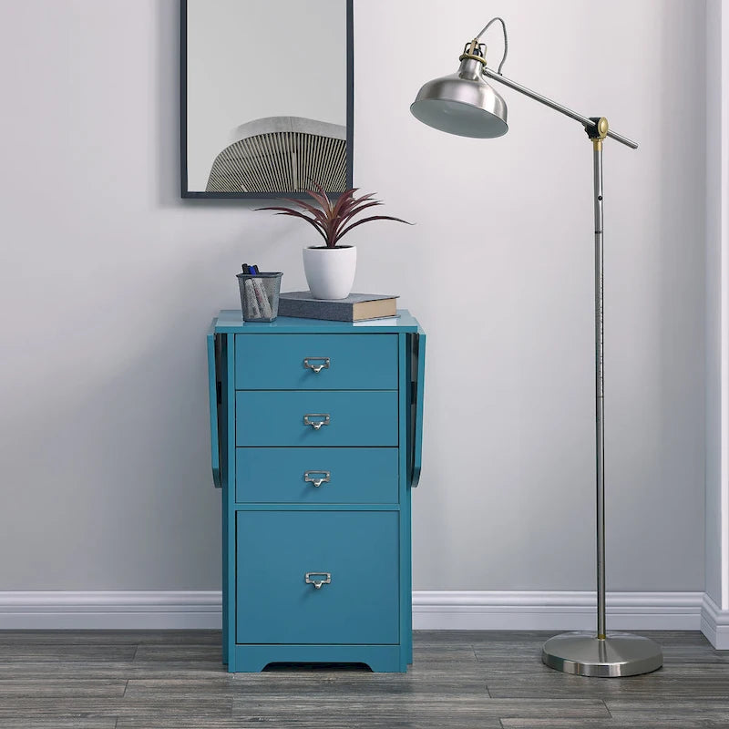 Drop-Leaf Fold-Out Desk with 4 Drawers – White / Gray / Black / Turquoise