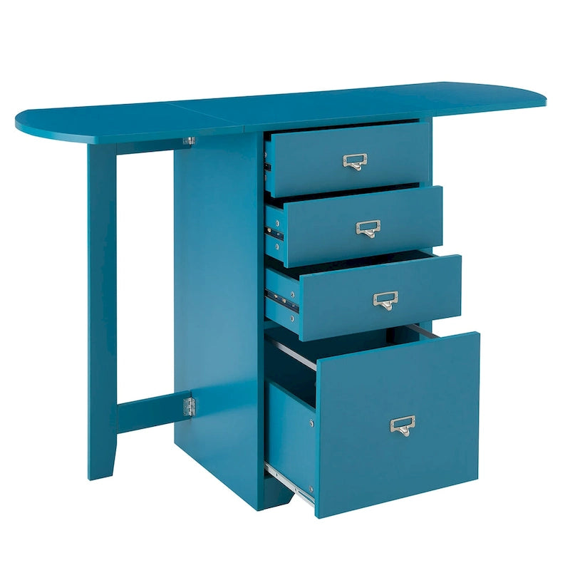 Drop-Leaf Fold-Out Desk with 4 Drawers – White / Gray / Black / Turquoise