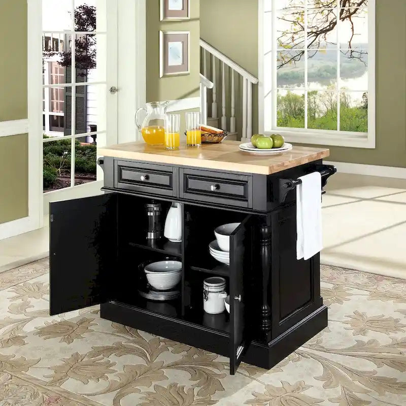 Butcher Block Top Stationary Kitchen Island with Storage – Black