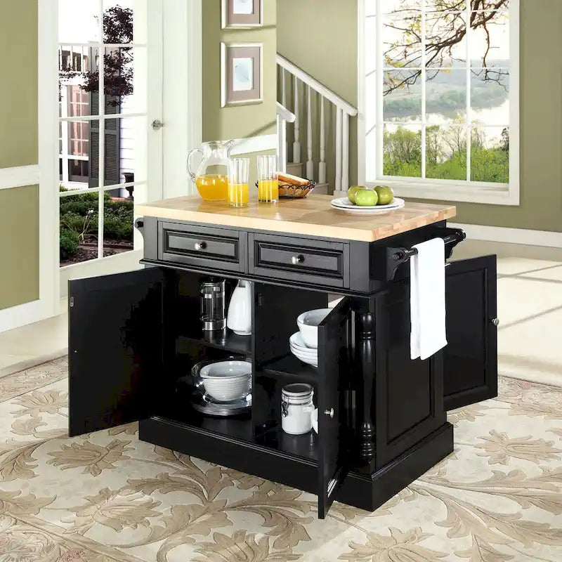 Butcher Block Top Stationary Kitchen Island with Storage – Black