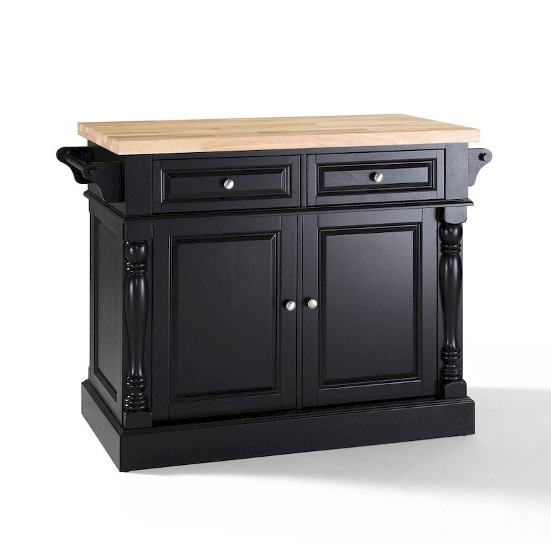 Butcher Block Top Stationary Kitchen Island with Storage – Black