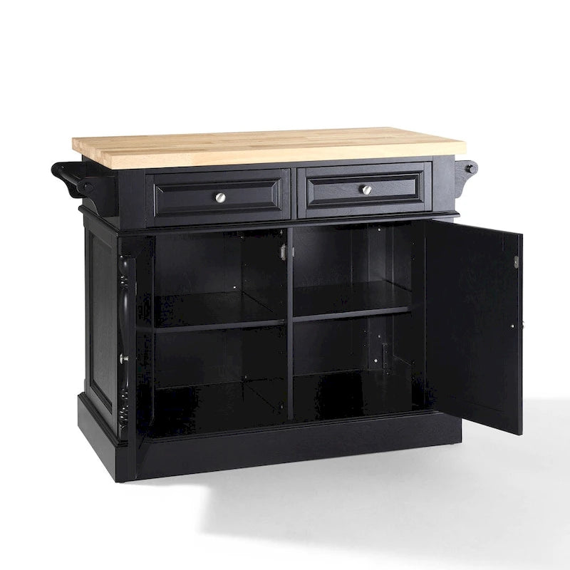 Butcher Block Top Stationary Kitchen Island with Storage – Black