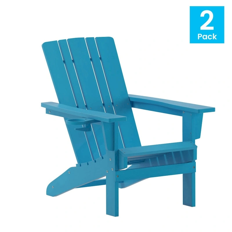 Set of 2 Commercial All-Weather Adirondack Chairs with Cupholders