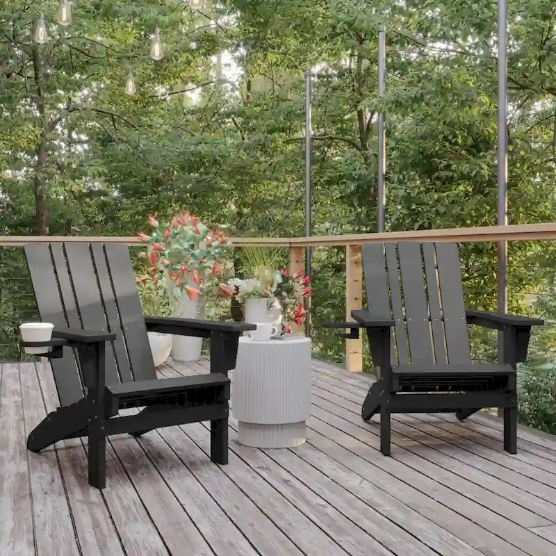 Set of 2 Commercial All-Weather Adirondack Chairs with Cupholders