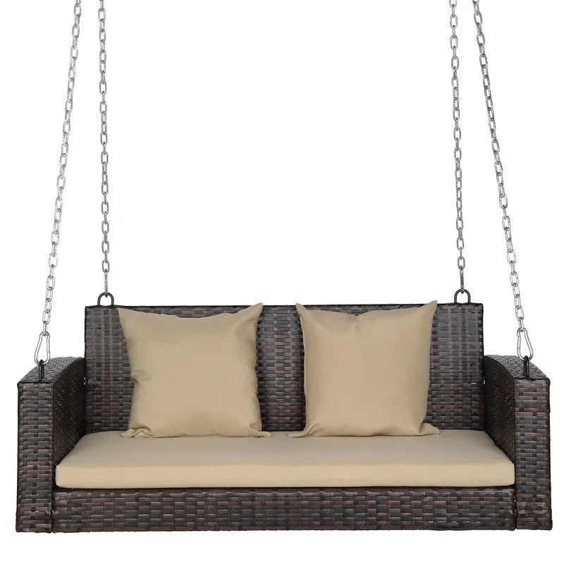 Outdoor 2-Person Wicker Porch Swing Bench with Cushion