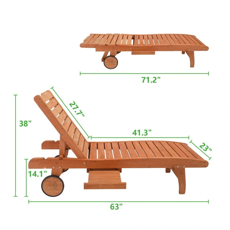 Outdoor Single Solid Wood Chaise Lounge with Wheels