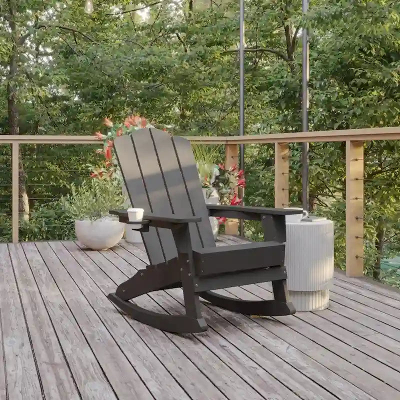 Commercial All-Weather Rocking Adirondack Chair with Swiveling Cupholder