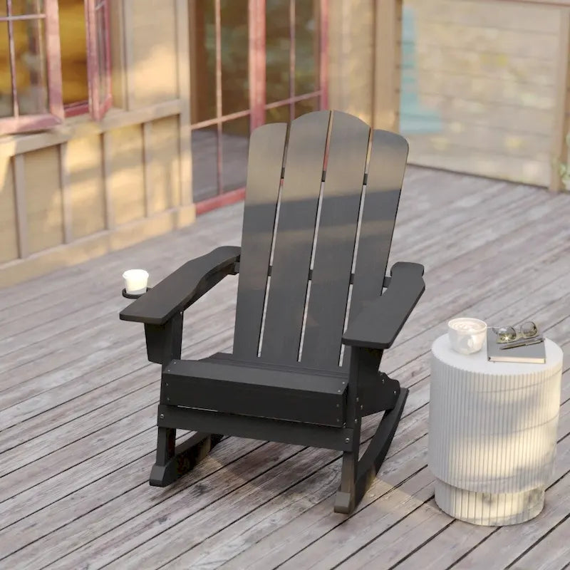Commercial All-Weather Rocking Adirondack Chair with Swiveling Cupholder