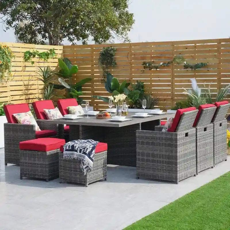 11-Piece Patio Wicker Aluminum Dining Table Set w/ Chairs and Ottomans