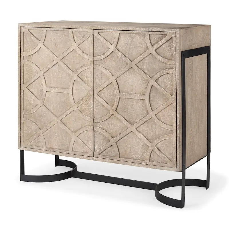 Mango Wood 2-Door Accent Cabinet with Black Metal Frame – Light Brown / Black
